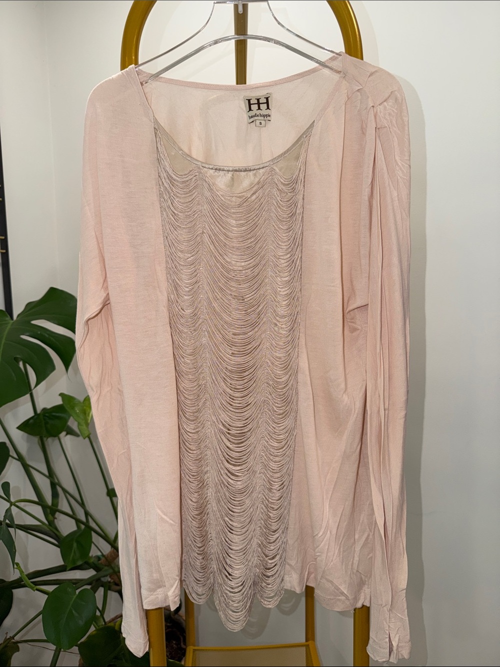 Haute Hippie Blush Pink Long-Sleeve Top with Draped Chain Fringe Front